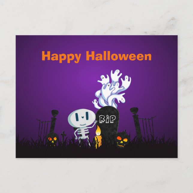 Postal Felices Halloween Cute Skeleton Y Ghosts (Anverso)