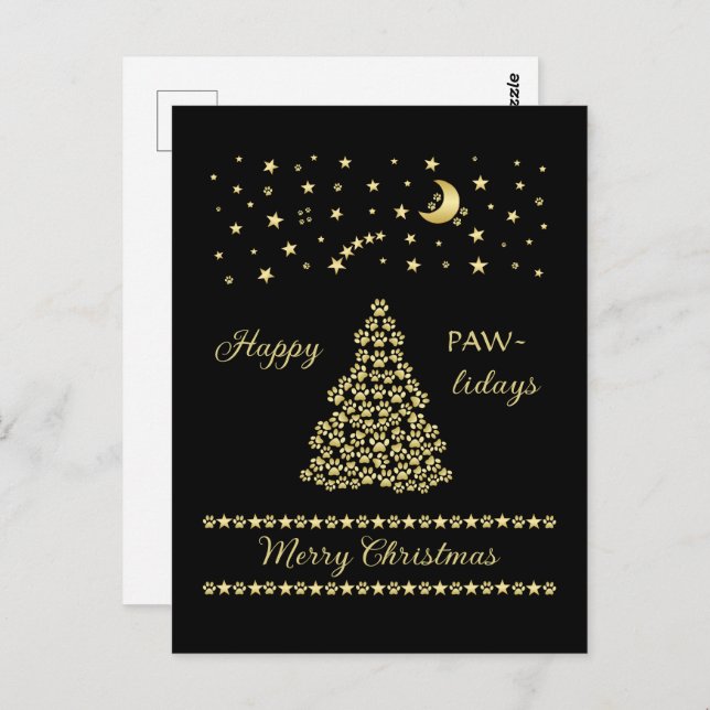 Postal Felices Pawlidays, árbol de navidad Gold brillante (Anverso / Reverso)