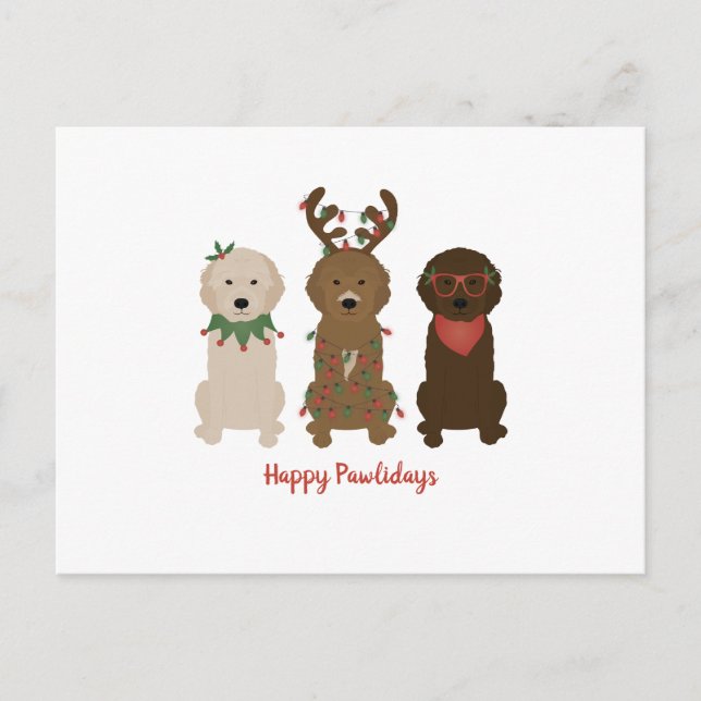 Postal Felices Pawlidays Luces de Navidades Goldendoodle (Anverso)