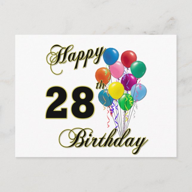 Postal Felices regalos de cumpleaños 28 con globos (Anverso)