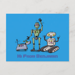 Postal Felices robots lindos trío personalizado sobre fon