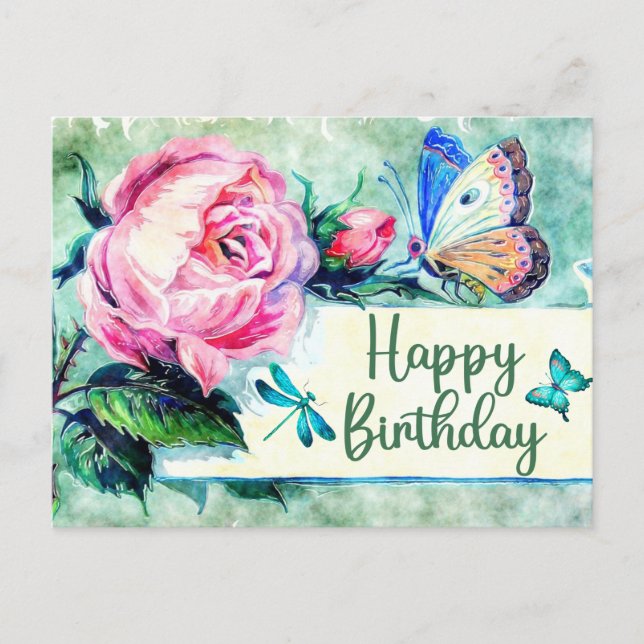 Postal Felices Rosas y mariposas de cumpleaños (Anverso)