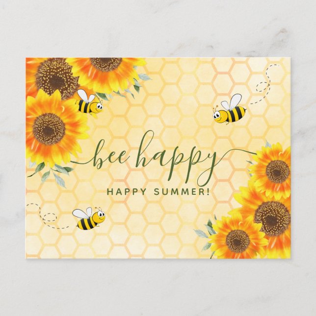 Postal Felices saludos de verano girasoles abejas florale (Anverso)