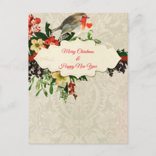 Postal Felices vacaciones Bird Greenery Red Ribbons Heart