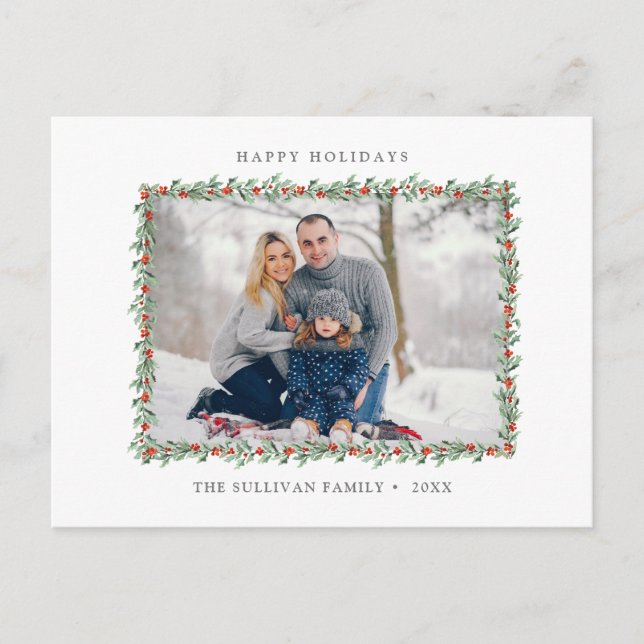 Postal Felices vacaciones Navidades Holly Frame Photo Ima (Anverso)