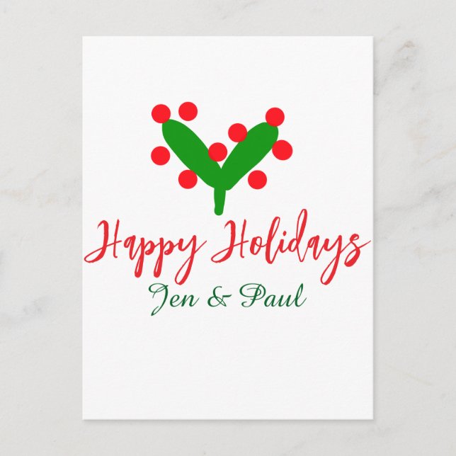 Postal Felices vacaciones verde pareja roja nombre hoja v (Anverso)