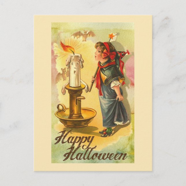 Postal Felices velas de Halloween y la cosecha Chica (Anverso)