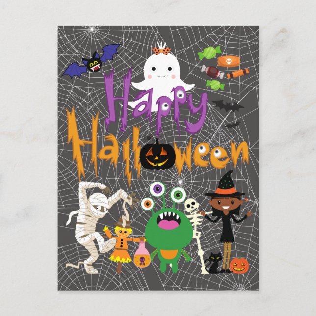 Postal Felices y felices niños de Halloween adorables (Anverso)