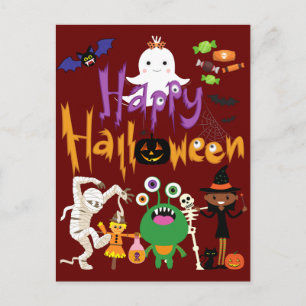 Postal Felices y felices niños de Halloween adorables