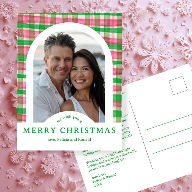 Postal FELICIDAD DE NAVIDAD PERSONALIZADO FOTO DE arca (MERRY CHRISTMAS Watercolor Plaid CUSTOM Arch PHOTO Pink Green Preppy Holiday Postcard
)
