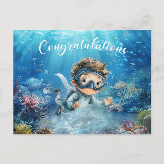 Postal Felicidades al buzo que bucea bajo el mar (Anverso)