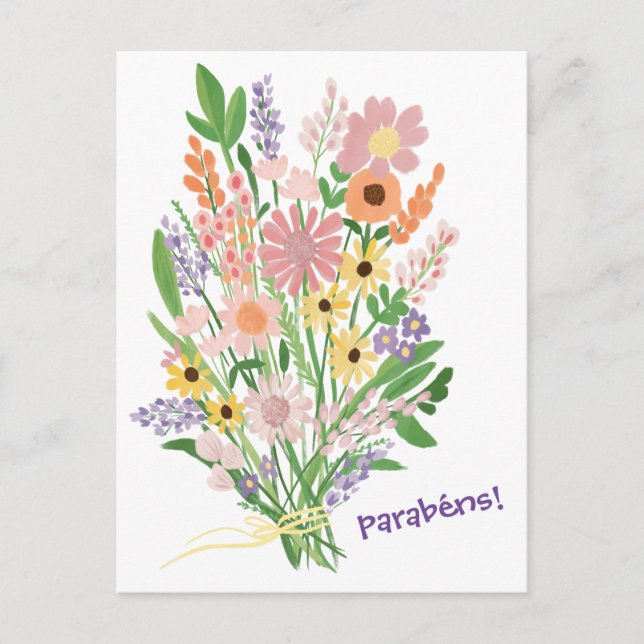 Postal Felicidades Flores Silvestres Pintadas a Mano Goua (Anverso)