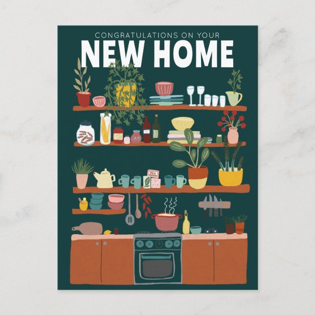 Postal FELICIDADES NUEVA CASA DE MUDA Cocina Adorable (Anverso)