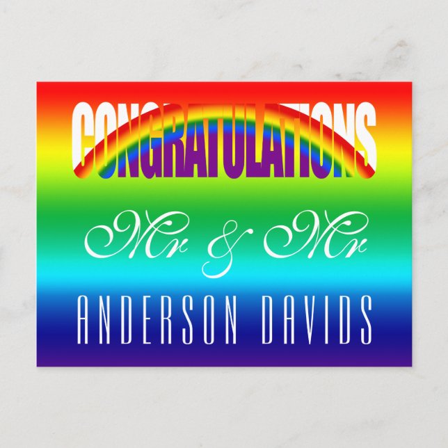 Postal Felicidades Pareja Gay Bandera Brillante Arcoíris (Anverso)