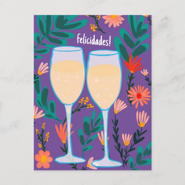 Postal Felicidades Sparkling Wine Champagne Floral Cheers (Anverso)