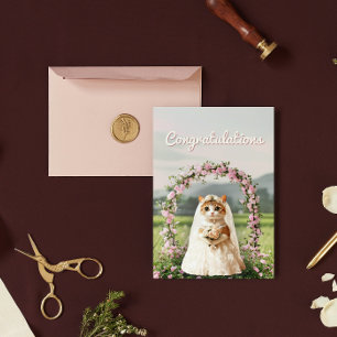 Postal Felicitación de boda floral de gato lindo