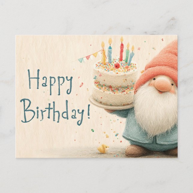 Postal Felicitación de cumpleaños caprichosa: Gnomo soste (Anverso)