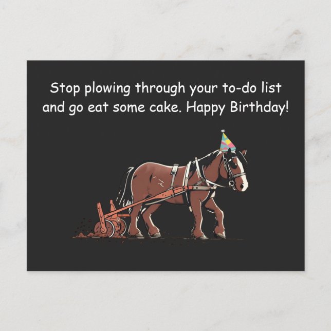 Postal Felicitación de cumpleaños divertida con caballo a (Anverso)