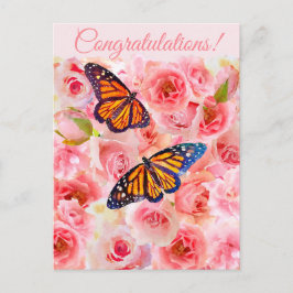 Postal Felicitaciones a los Rosas de color rosa y maripos