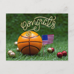 Postal Felicitaciones al baloncesto con la bandera de Amé