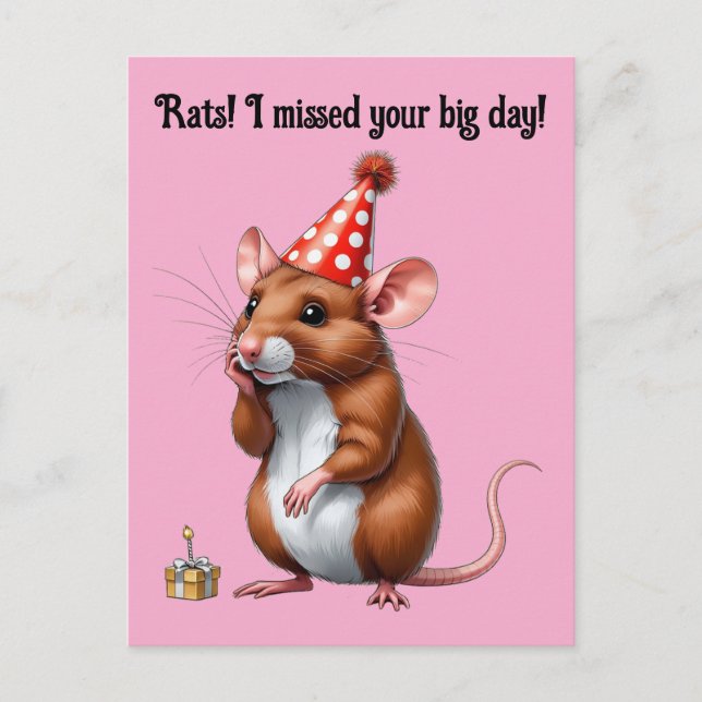 Postal Felicitaciones atrasadas de cumpleaños con una rat (Anverso)