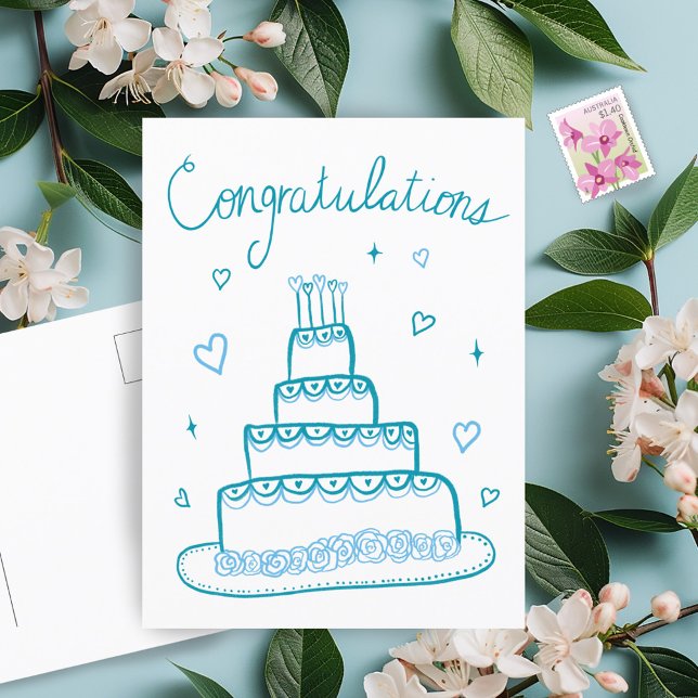 Postal Felicitaciones Boda Engagement Sketch Doodle (Congratulations Wedding Engagement Sketch Doodle Postcard Cake Whimsical)