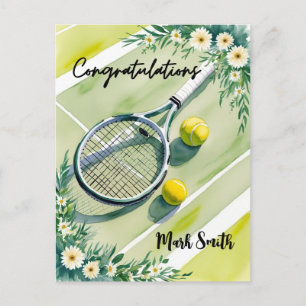 Postal Felicitaciones con pelota y flores de tenis