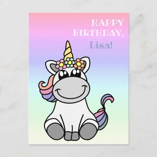 Postal Felicitaciones de Cumpleaños Cute Unicornio Arcoír (Anverso)