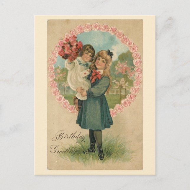 Postal Felicitaciones de cumpleaños, hermanas victorianas (Anverso)