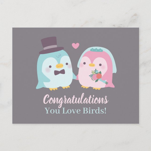 Postal Felicitaciones divertidas de boda Pingüinos pájaro (Anverso)