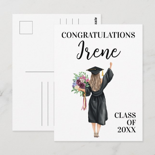 Postal Felicitaciones Flores Chicas Graduadas de color de (Anverso / Reverso)