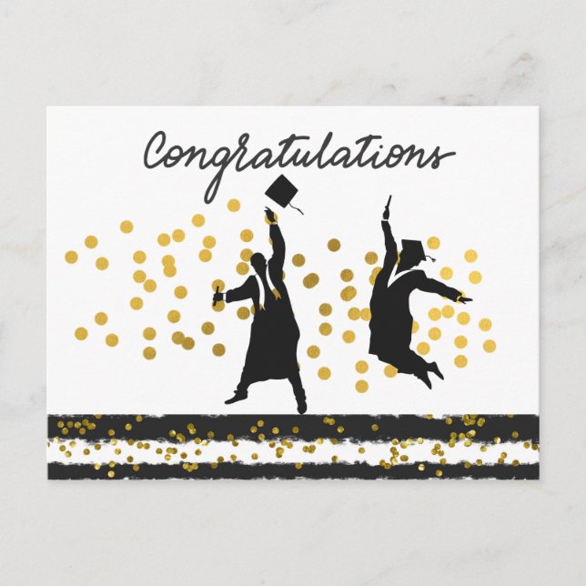 Postal Felicitaciones Graduación Confetti oro negro (Anverso)