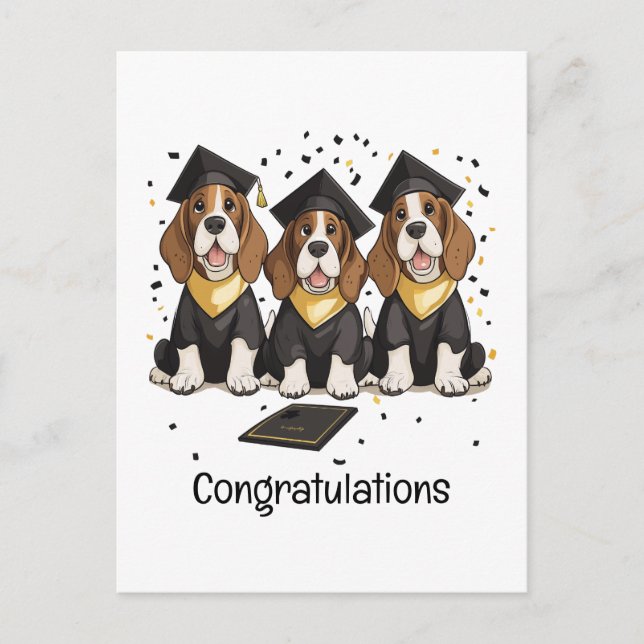 Postal Felicitaciones Graduación de perros hondos Basset (Anverso)