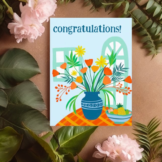 Postal FELICITACIONES Hermoso Ramo Floral Divertido Perso (Colorful fun congratulations card with vase of flowers, customize this postcard with your own text)