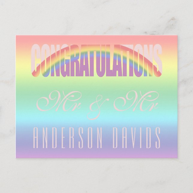 Postal Felicitaciones Pareja gay Bandera Arcoiris (Anverso)