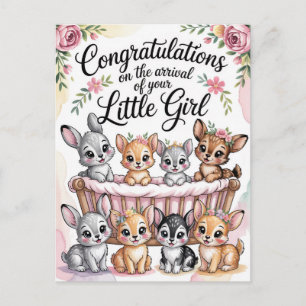 Postal Felicitaciones por Nueva Bebé Niña con Animales de