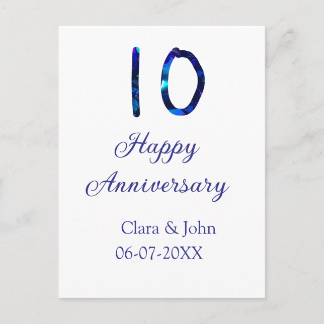 Postal Feliz 10º aniversario brillo azul agregar nombre f (Anverso)