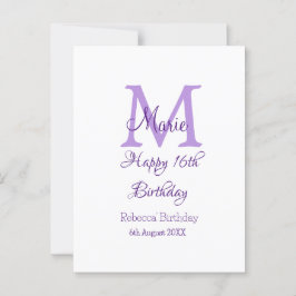 Postal Feliz 16 cumpleaños púrpura agregar nombre monogra