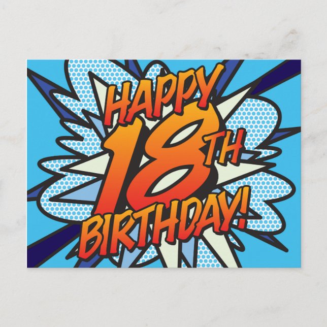 Postal FELIZ 18 CUMPLEAÑOS Libro cómico Pop Art azul (Anverso)