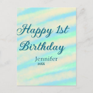 Postal Feliz 1er cumpleaños niños bebé azul verde pastel 
