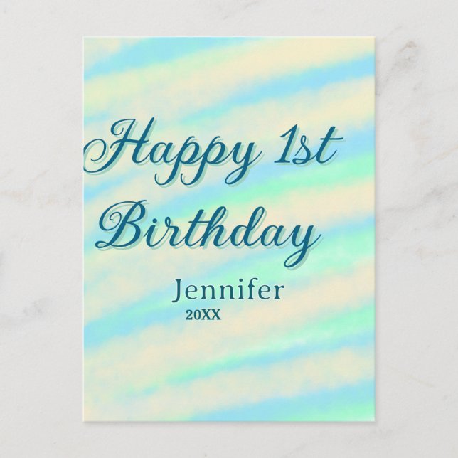 Postal Feliz 1er cumpleaños niños bebé azul verde pastel  (Anverso)