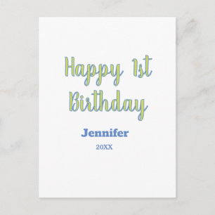 Postal Feliz 1er cumpleaños niños bebé verde azul pastel