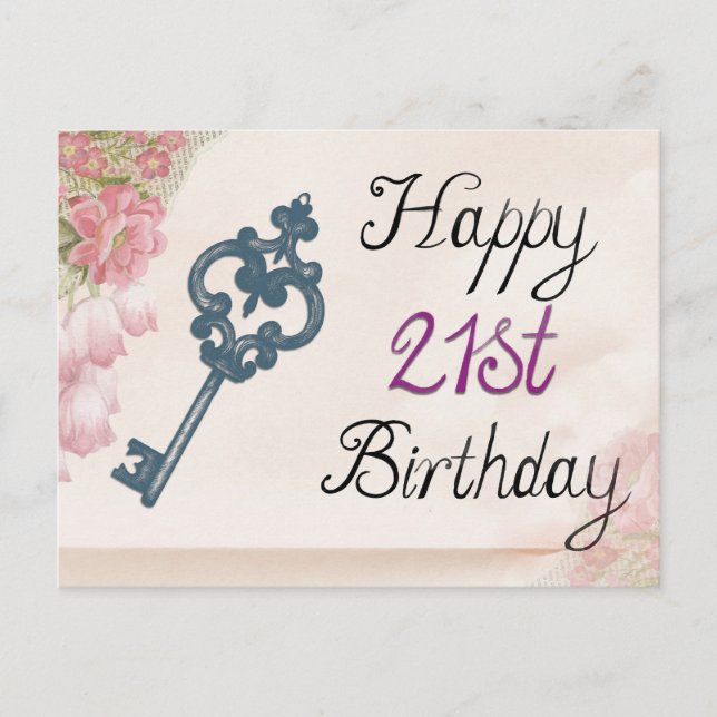 Postal Feliz 21 cumpleaños, clave floral victoriana (Anverso)