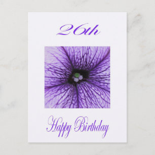 Postal Feliz 26º cumpleaños morado florecimiento
