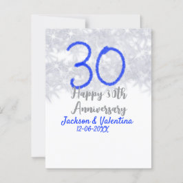 Postal Feliz 30 aniversario de bodas brillo azul plateado