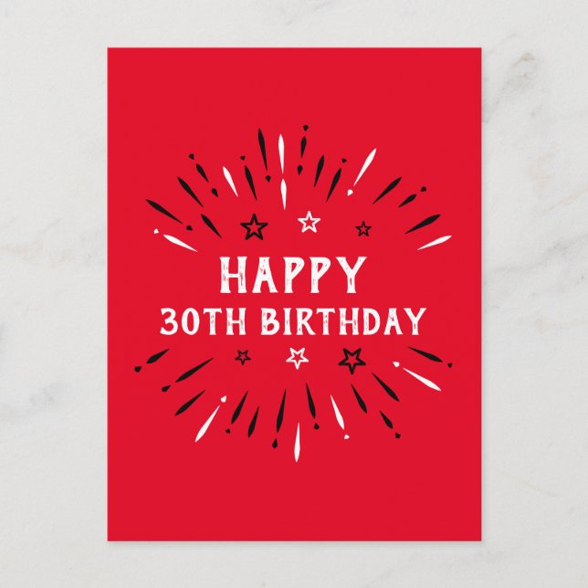 Postal Feliz 30° cumpleaños fuegos artificiales rojo negr (Anverso)