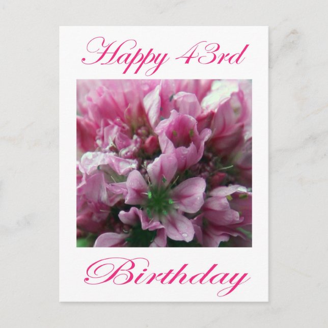 Postal Feliz 43° cumpleaños, Flor rosa y verde (Anverso)