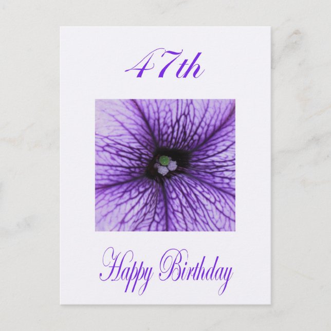 Postal Feliz 47º cumpleaños morado florecimiento (Anverso)