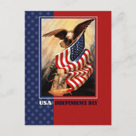 Postal Feliz 4 de julio. Águila de época y bandera de los
