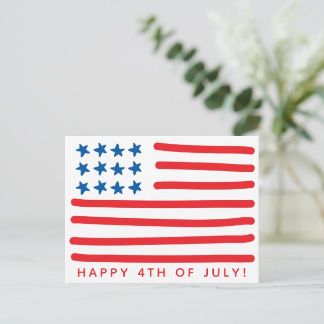 Postal Feliz 4 de julio | Bandera americana dibujada a ma (Anverso de pie)